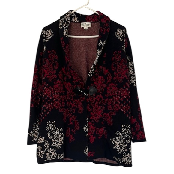 Vintage Norm Thompson Black and Red Women's cardigan sweater medium - Picture 1 of 4